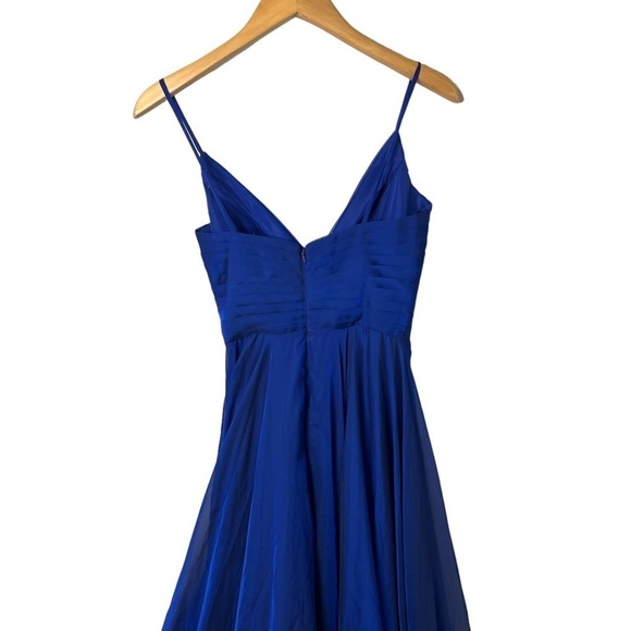 La Femme Pleated Bodice V Neck Chiffon Dress Gown Blue Size 0 Leg Slit Faux Wrap - Picture 6 of 9
